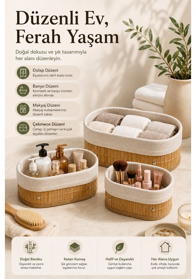 3'lü Bambu Organizer Sepeti İçi Kumaş Mutfak Banyo Dolap İçi Düzenleyici Sepetleri