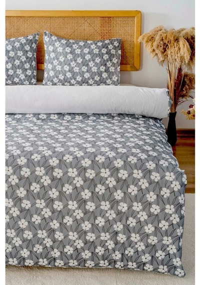 Gri Çift Kişilik Nevresim Takımı Pamuklu Çiçek Desenli Henna 200x215 Cm Gri