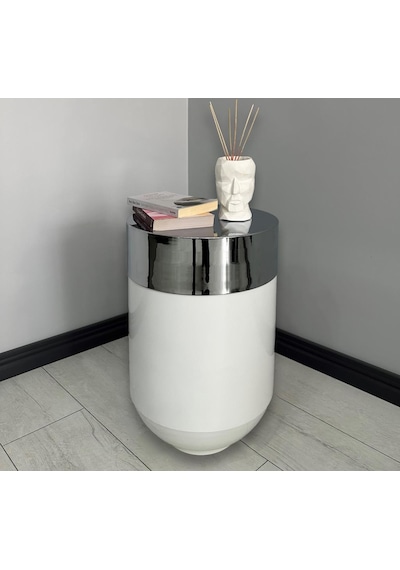 Dekoratif Krom Darbuka Parlak Beyaz Sehpa 70cm