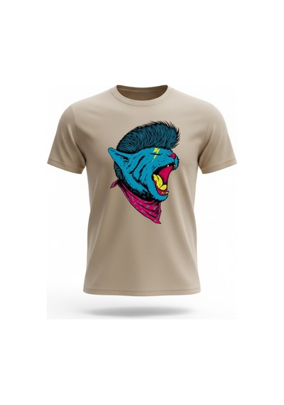Urbantrendstore Unisex Kedi Vahşi Funny Kedi Baskı Oversize Fit Rahat Geniş Salaş T-shirt Günlük Tişört Bej