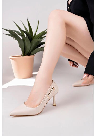 Aymood Ten Cilt Yandan Gold Tokalı Günlük Şık Stiletto Bej