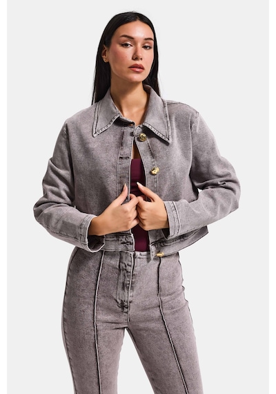 it's basic Kadın Gri 3s6-158 Crop Fit Esnek Kumaş Düğmeli Denim Ceket