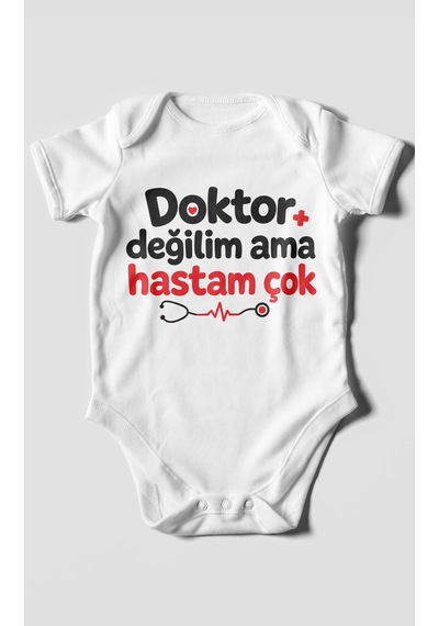 Morivokids Doktor Değilim Ama Hastam Çok Kısa Kollu Bebek Body %100 Pamuk Beyaz