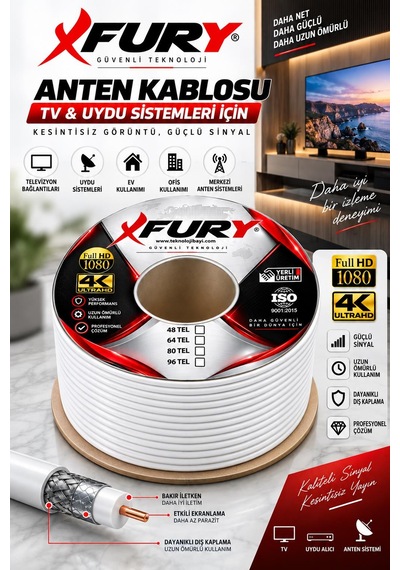 Fury 64 Tel Rg6-u6 Koaksiyel Tv Ve Uydu Anten Kablosu 100 Metre
