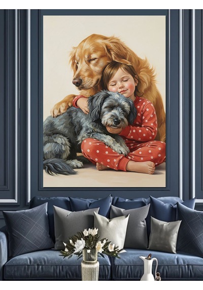 Köpekler Ve Çocuk Sevgisi Dekoratif Kanvas - Mdf Ahşap Tablo