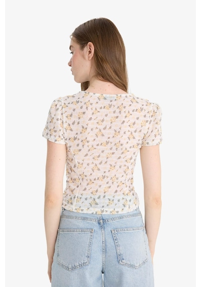 Defacto Fitted V Yaka Çiçekli Dokulu Kısa Kollu Bluz F4625ax25auyl514 Sari