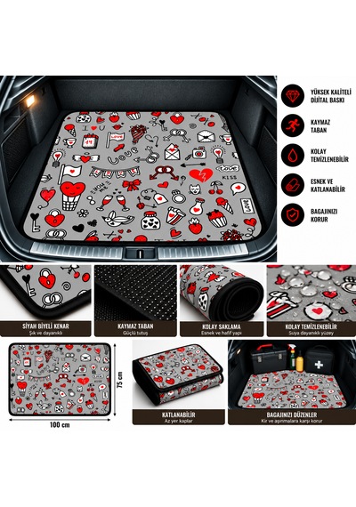 Gri Renk Universal Oto Bagaj Halısı 75x100 Cm Kaymaz Tabanlı, Siyah Biyeli, Dijital Baskılı, Dekoratif Araç Bagaj Paspası
