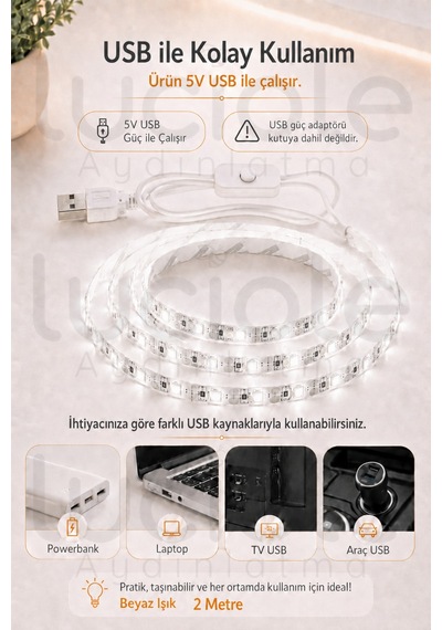 5v Usb Şerit Led 2 Metre Beyaz Işık Anahtarlı Powerbank Uyumlu Dolap Altı Tv Masa Led