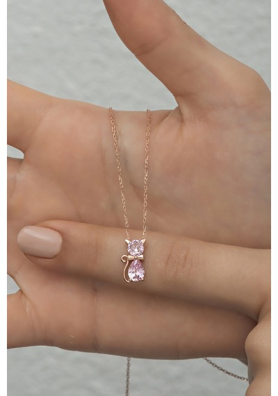 Nereze 925 Ayar Gümüş Pembe Taşlı Kedi Kolye