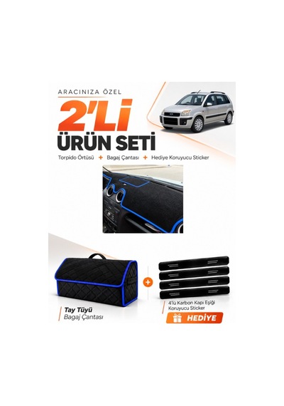 Ford Fusion 2009-2012 Uyumlu Torpido Örtüsü + Tay Tüyü Bagaj Çantası + Sticker Seti - Siyah Mavi