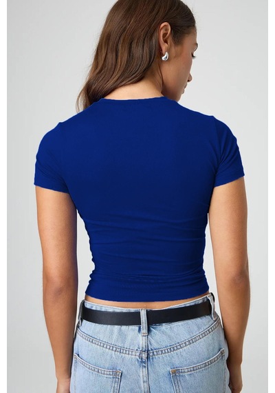 Saks Bisiklet Yaka Basic Kadın Tişört Mg1725 Saks