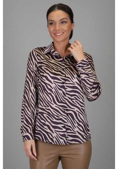 Sweetness Kadın Siyah Bej Zebra Desenli Likralı Saten Uzun Kol Abiye Gömlek Dk 1005 Siyah