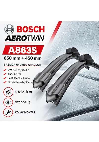 Bosch Aerotwin 650/450 Mm Ön Silecek Takımı Golf 7 Audi A3 Seat Ateca Skoda Superb