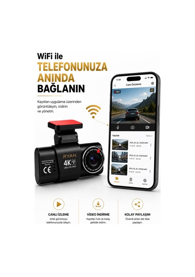 4k Araç İçi Kamera İki Kameralı Gece Görüşlü Wifi Gps 24 Saat Park Modu G Sensör