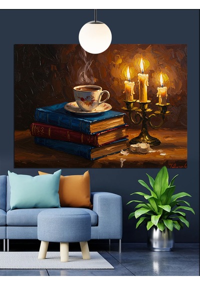 Kitap Kahve Mum İle Huzurlu Bir Gece Dekoratif Kanvas - Mdf Ahşap Tablo