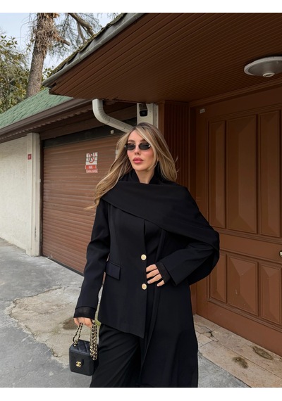 Laluvia Siyah Gold Düğmeli Şallı Ceket - 9721 Siyah