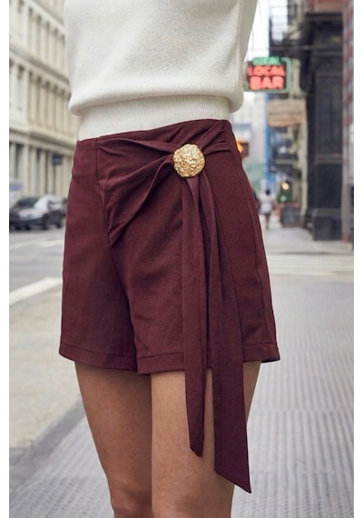 Feg Store Kadın Bordo Gold Tokalı Bağlamalı Tencel Şort