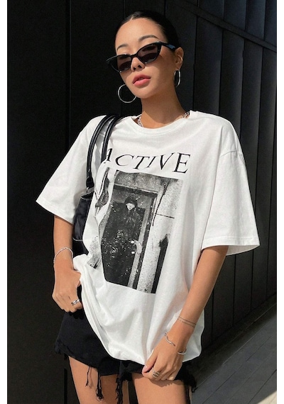 Uyguntarz Unisex Active Baskılı Oversize Tshirt Beyaz