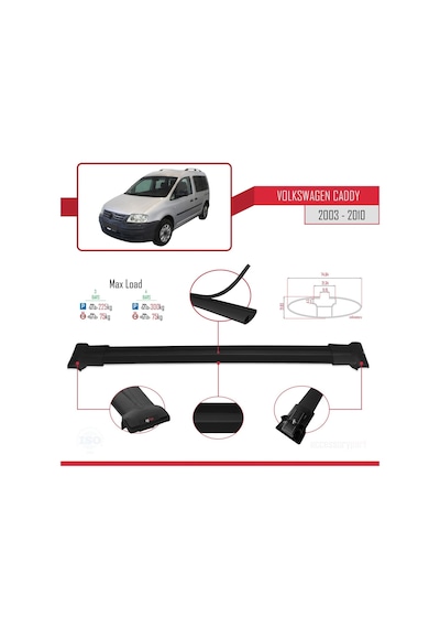 Volkswagen Caddy 2003-2010 Arası İle Uyumlu Fly Model Ara Atkı Tavan Barı Siyah 3 Adet Bar