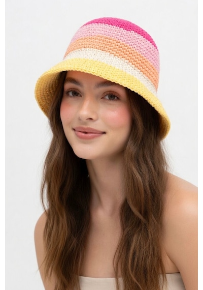 Mollycrush Kadın Pembe Geçişli Hasır Örgü Bucket Şapka Bohem Stil Plaj Ve Güneş Şapkası Pembe