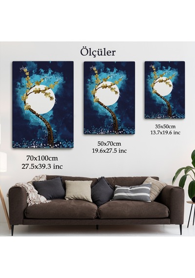 Altın Çiçekli Ağaç Ve Ve Ay Kanva Tablo, Soyut Çağdaş Sanat Örneği-4971 50 X 70