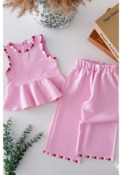 Magu Kız Çocuk Pamuklu Pembe Kalp Detaylı Bluz Pantolon Takım