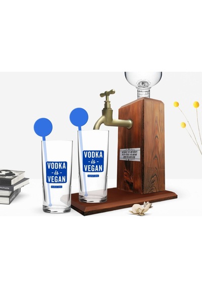 Kişiye Özel Renkli Baskılı Vodka İs Vegan Tasarımlı İkili Vodka Bardağı Ve Ahşap Vodka Standı Hediye Seti-1 Sarı