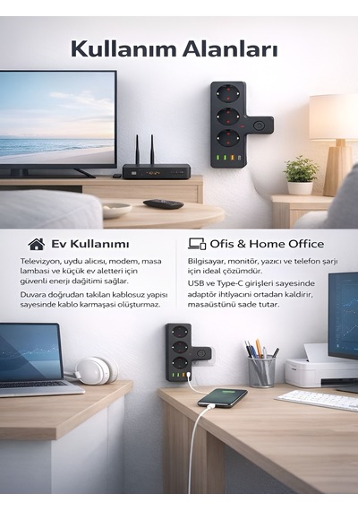 Ftro12 Kablosuz Termal Akım Korumalı 3'lü Priz 3'usb 1'type-c 20w