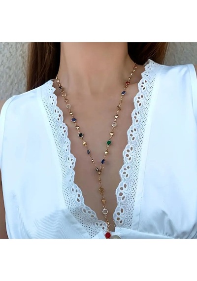 Ervanur Altın Kaplama Renkli Taşlı Y Model Kadın Kolye Altın