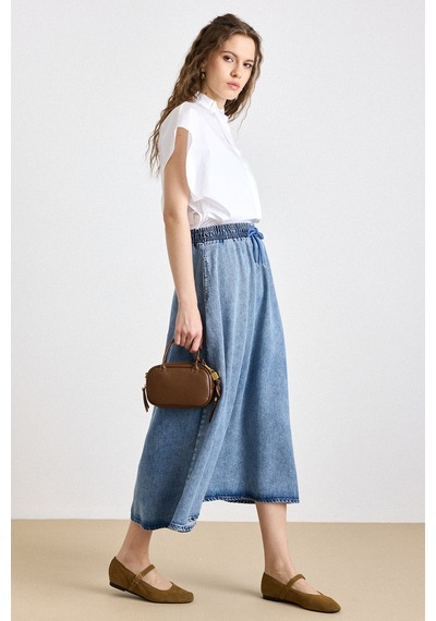 Olcay Beli Lastikli Soft Denim Etek Mavi 7068