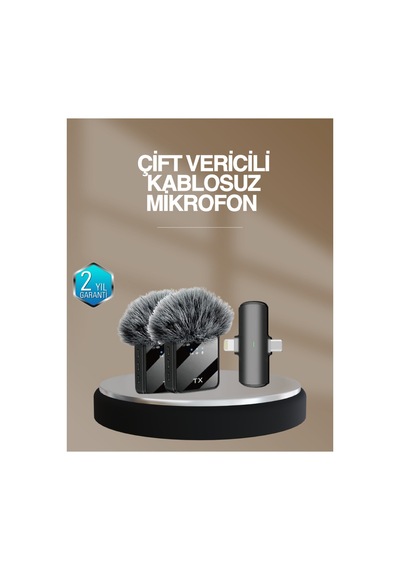 2 Li Kablosuz Yaka Mikrofonu Type-c Ve Lightning Uyumlu Profesyonel Set Çok Renkli Çok Renkli