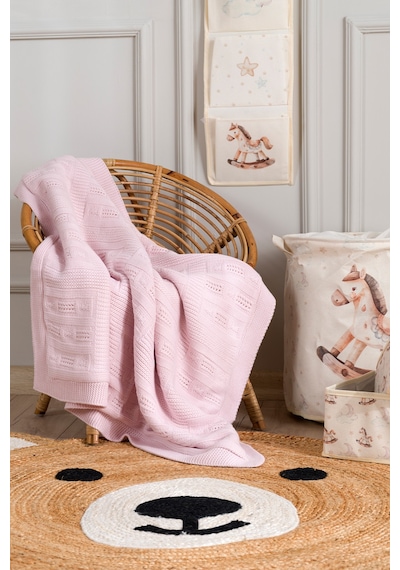 Toffy Toz Pembe Çizgili Örgü Bebek Battaniyesi 100x100 Pembe
