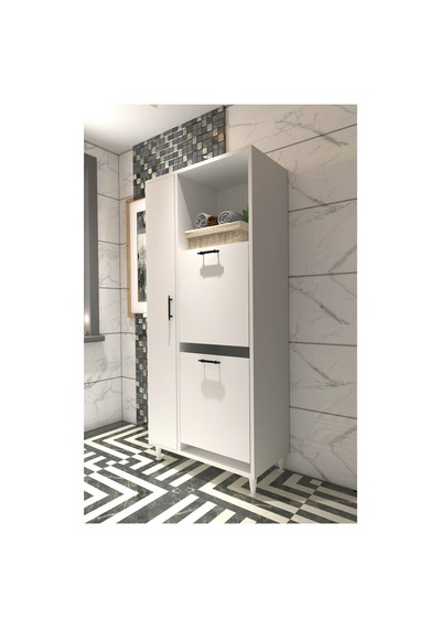 Menekşe 2'li Çamaşır Sepetli Çok Amaçlı Banyo Dolabı Kapaklı Düzenleyici Dolap Beyaz