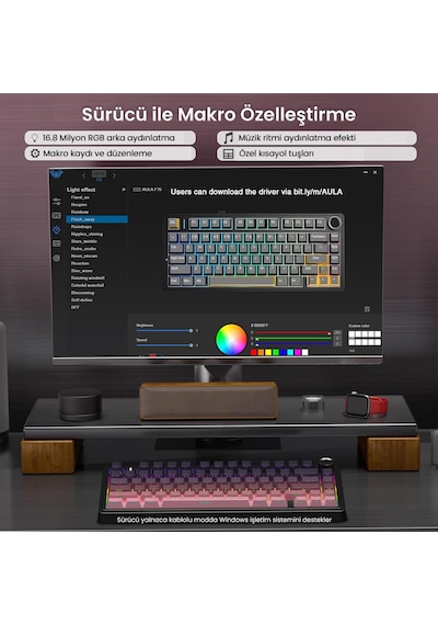 Aula F75 Mekanik Rgb Tkl Reaper Switch Kablosuz Makrolu Hot Swap Klavye Gradyan Pembe