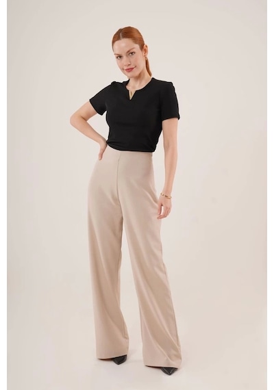 Defymoda Bol Paça Yandan Fermuarlı Krem Kumaş Pantolon Krem Defymoda Bol Paça Yandan Fermuarlı Krem Kumaş Pantolon Krem