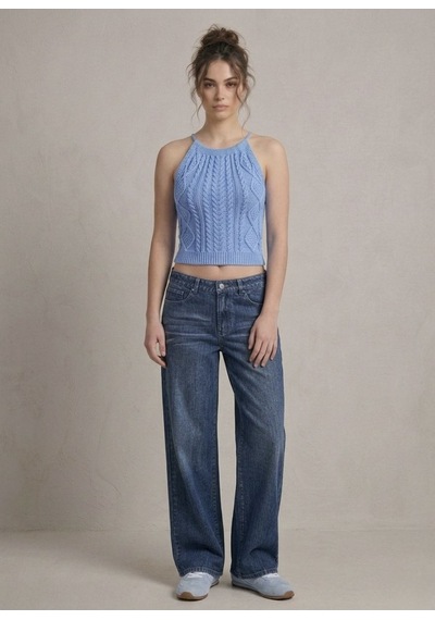 Neden Tekstil Kadın Triko Örme Halter Yaka Crop Bluz - Mavi