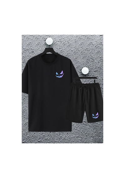 Tarzsokak Macklin Unisex Kadın Erkek Renkli Gülen Yüz Baskılı Oversize Tshirt Ve Şort Eşofman Takımı Ma Siyah