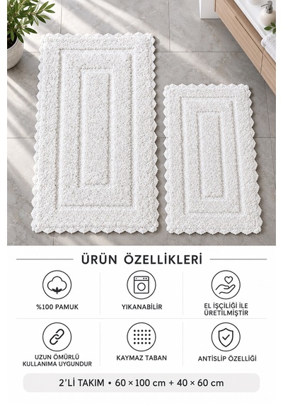 Alanur Bodrum Tufting Cotton Pamuklu El Işi Örgülü 2 Li Paspas 110 Ekru