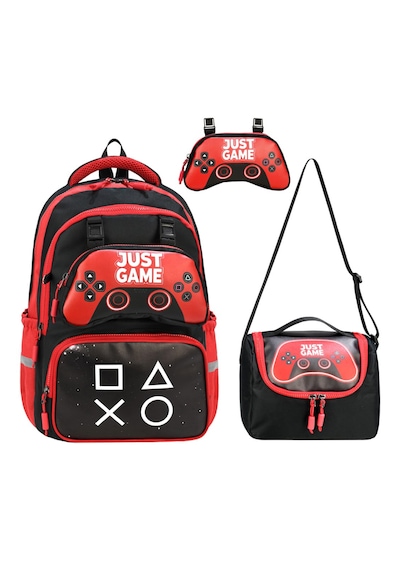 Game Over Baskılı Ortopedik Su Geçirmez Ultra Lüx Okul Çantası Termal Beslenme Ve Kalemlik Kırmızı