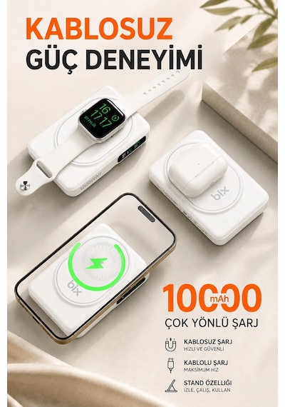 Diğer - Beyaz - Kablosuz Magsafe Powerbank 10000 Mah 20w Hızlı Şarj 15w Standlı Apple iPhone Uyumlu 12-13-14-15-16-17