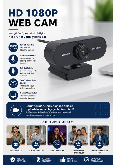 Webcam  Hd 1080p Konferans Kamera Dahili Mikrofon Görüntülü Sohbet Yayın Kamerası Hd Video