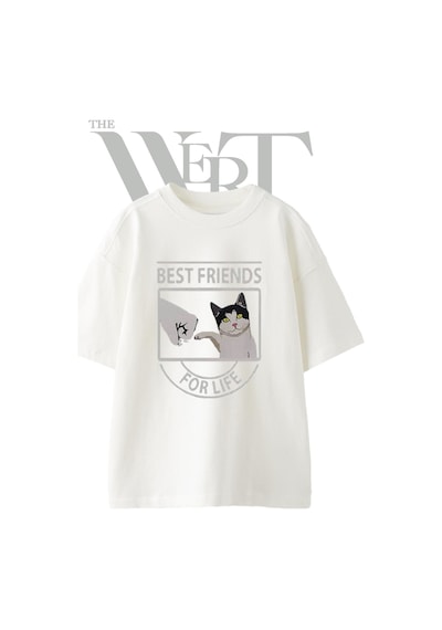 Thewert Best Friends Cat Tasarım Baskılı Ünisex Beyaz Oversize T-shirt