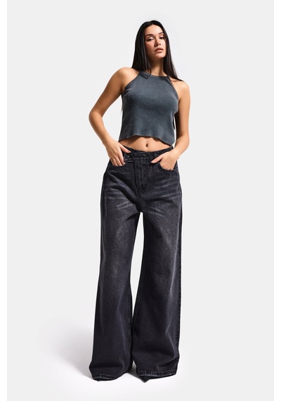 Itsbasic Kadın Füme 2s6-1 Mega Baggy Fit Kemer Detaylı Orta Bel Denim Jean