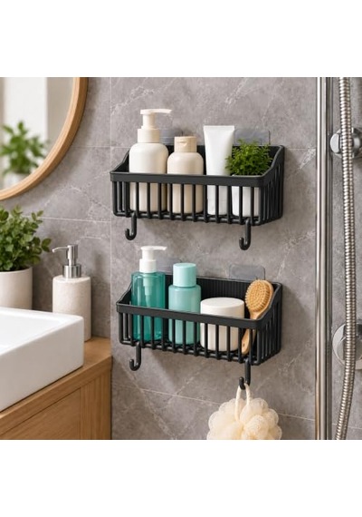 Orret Home 2'li Yapışkanlı Banyo Duş Rafı Organizer, Askılı Plastik Raf Sepet, Delme Gerektirmeyen Duvara Monte, Hava Alan Su Tahliyeli Taban, 26x9x10 Cm, Siyah Açık Ceviz