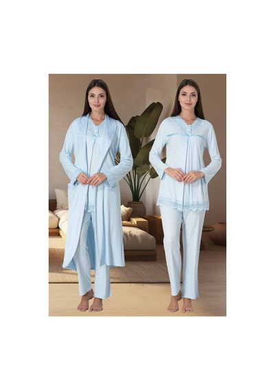 Effortt Dvina Lohusa Hamile Sabahlıklı Ve Dantelli Yakalı Pijama Takımı - 3'lü Set - Mavi Mavi