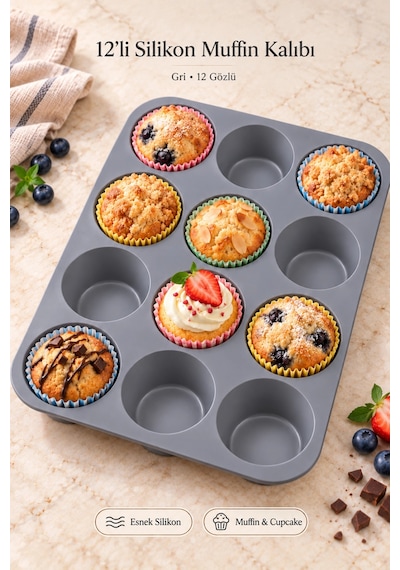 Tilbe Home 12'li Silikon Muffin Kalıbı Yapışmaz Cupcake Kek Kapsül Brownie Mutfak Fırın Tepsisi Pasl Gri