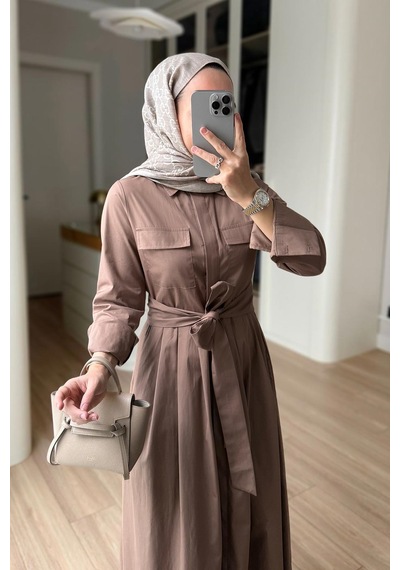 Kahijab Düğmeli Pile Detay Poplin Elbise - Kahverengi