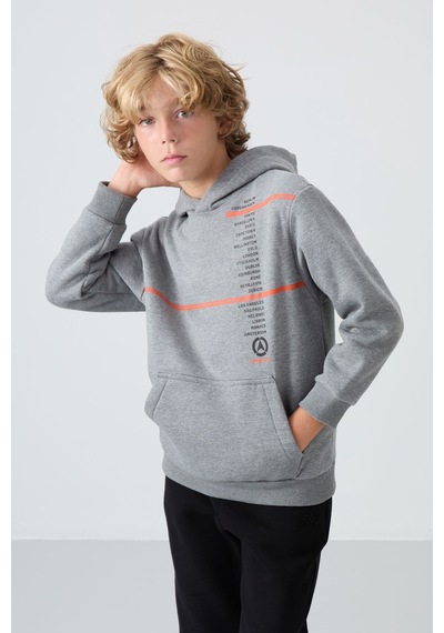 Tommylife Gri Melanj Pamuklu Kalın İçi Tüylü Standart Fit Baskılı Erkek Çocuk Sweatshirt - 11239