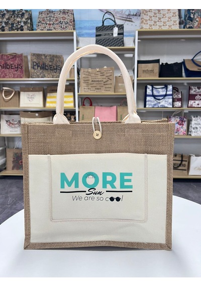 Moresun Organik Jüt Keten Kadın Çanta Orta Boy Tote El Ve Omuz Çantası -tablet & Telefon Cepli, Günlük Plaj Alışveriş Çantası 35x30x14 Cm Bej - Beyaz
