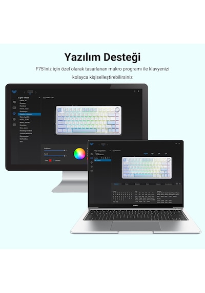 Aula F75 Mekanik Rgb Klavye Tkl Crescent Switch Tri Mode Kablosuz Makrolu Hot Swap Gaming Oyuncu Klavyesi Buz Mavisi